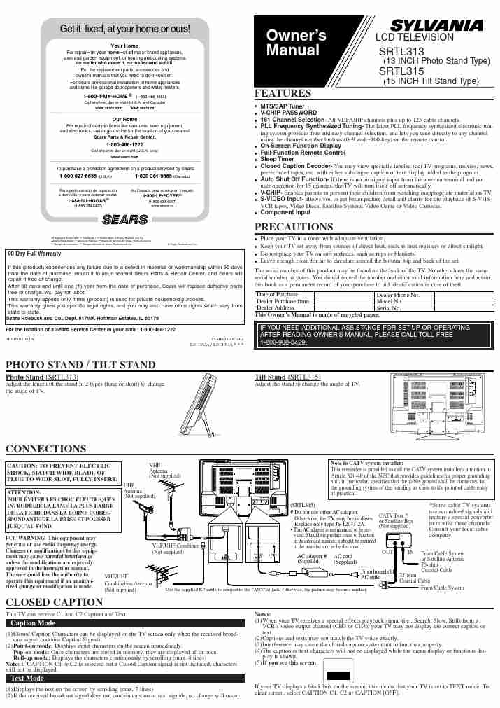 Sears Flat Panel Television SRTL313, SRTL315-page_pdf